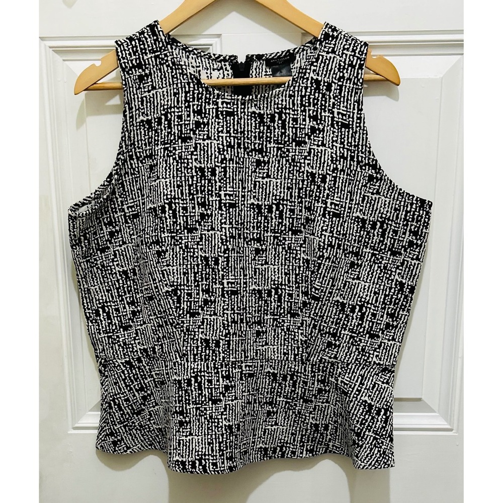 Ann Taylor Sleeveless Peplum Top Black White Geometric Print Blouse Size 14